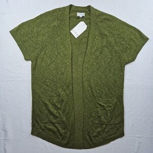 NWT Wonderly Womens SM Olive Green Short Sleeve Open Front Knit Cardigan Sweater